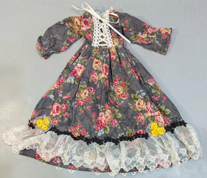 Doll outfit, MSD size, one-piece dress, dark gray, floral pattern.