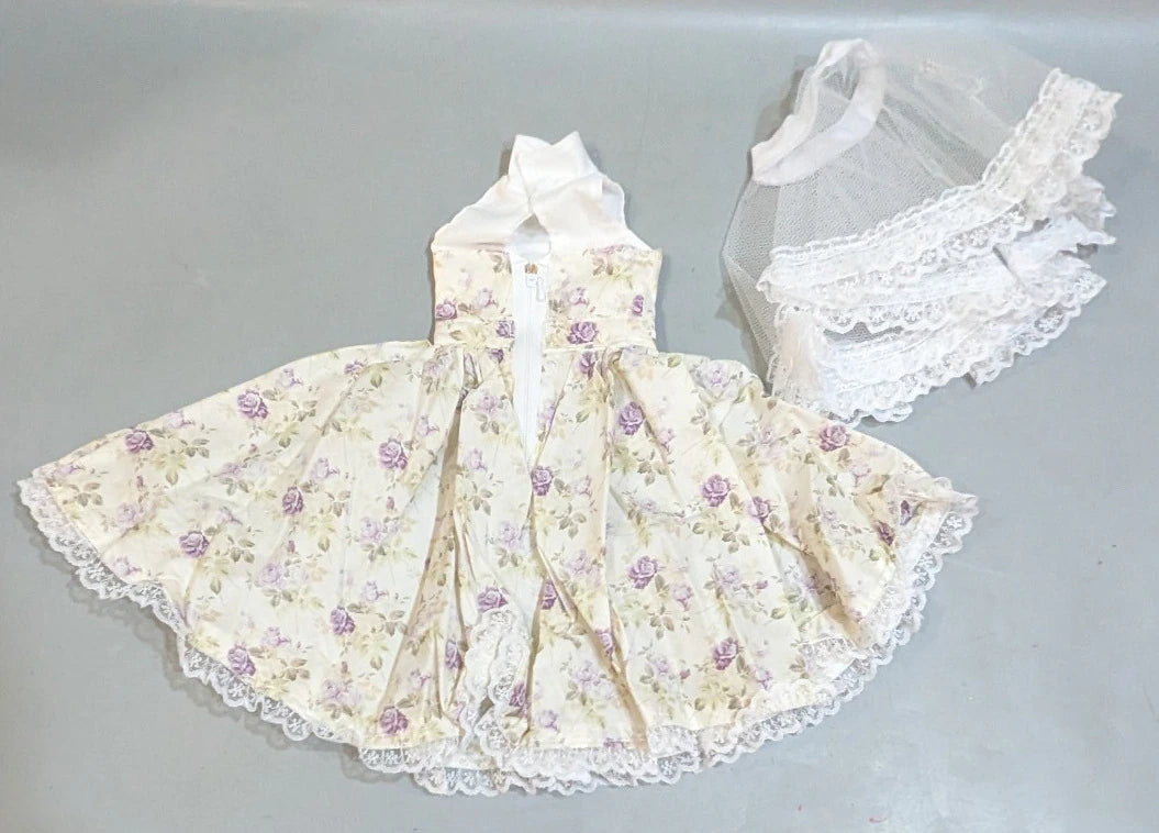 Doll outfit, SD size, halter neck dress, off-white with purple floral pattern