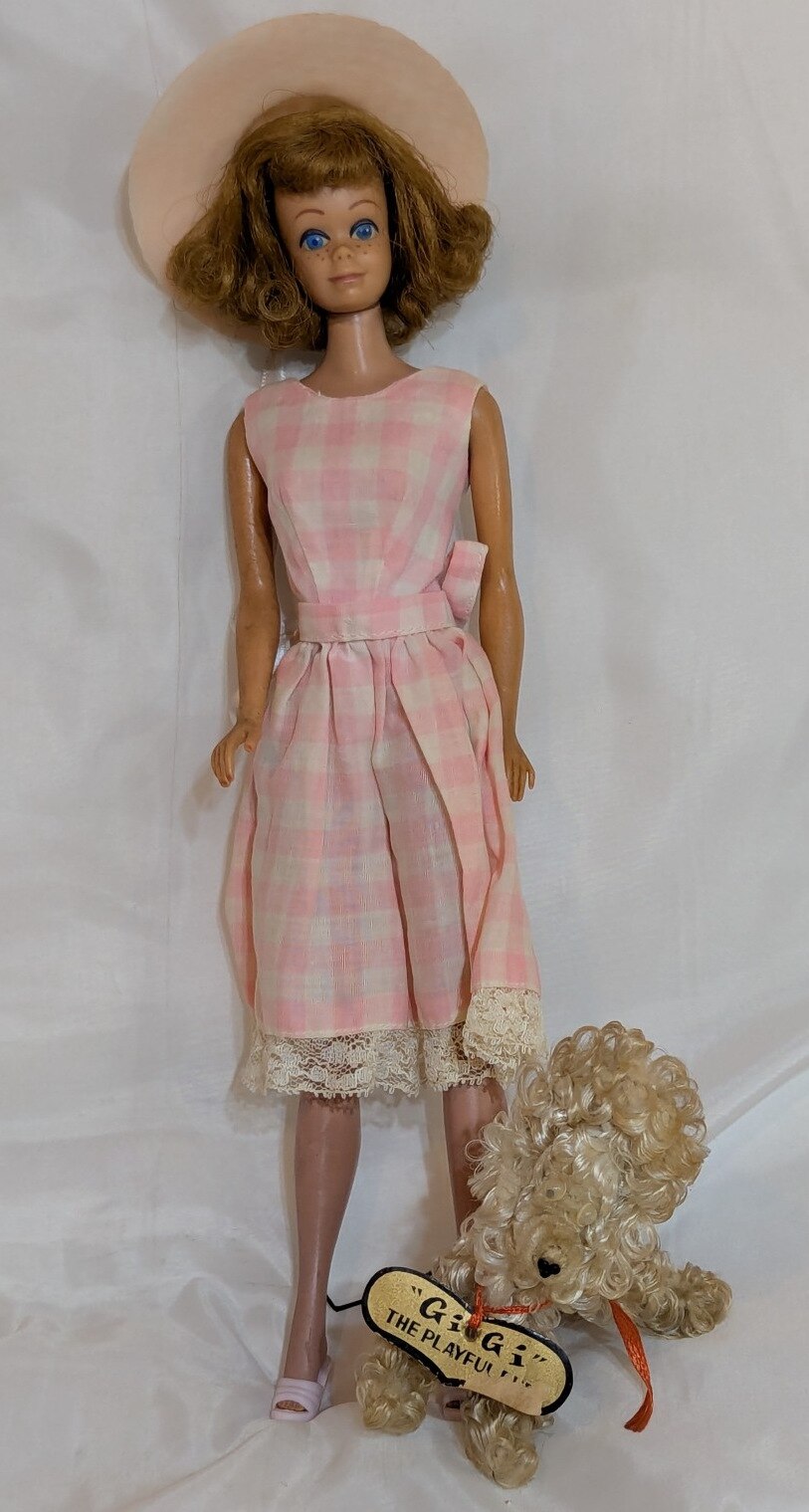 Mattel Vintage Barbie Midge, with freckles/closed mouth, red hair, pink dress.