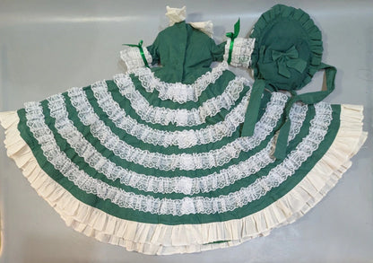 Doll outfit: Loose fit and long length for MSD; too small for SD (but gets stuck at the bottom). Antique green dress.