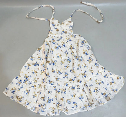 Doll outfit, SD/DD size, halter neck dress, white with floral pattern.