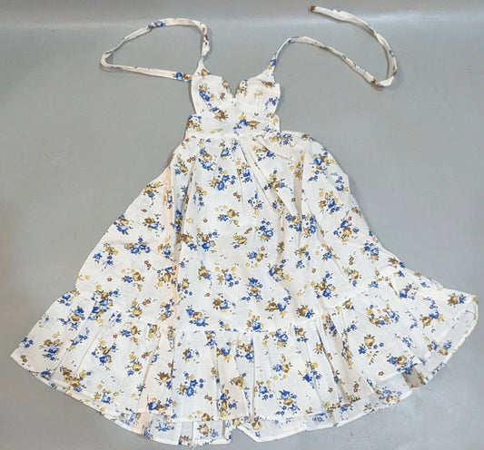 Doll outfit, SD/DD size, halter neck dress, white with floral pattern.