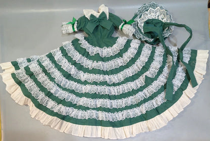 Doll outfit: Loose fit and long length for MSD; too small for SD (but gets stuck at the bottom). Antique green dress.