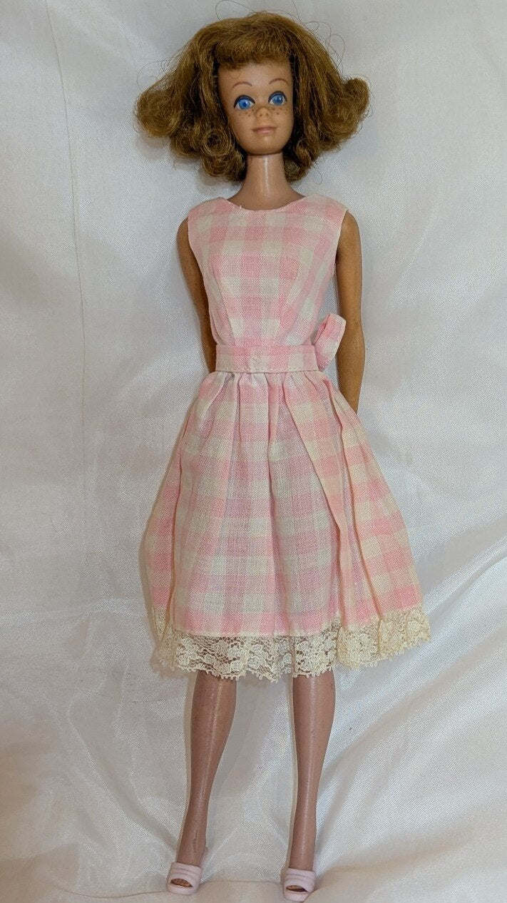 Mattel Vintage Barbie Midge, with freckles/closed mouth, red hair, pink dress.