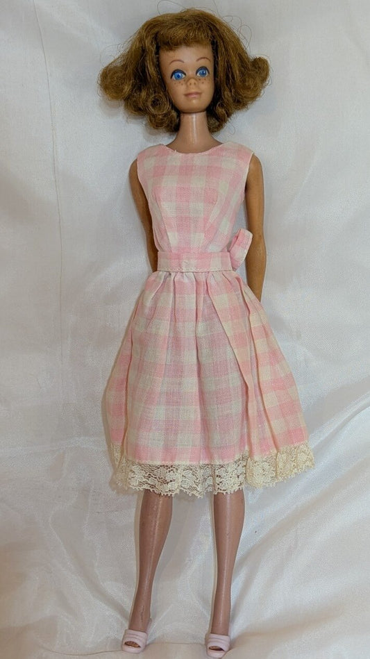 Mattel Vintage Barbie Midge, with freckles/closed mouth, red hair, pink dress.