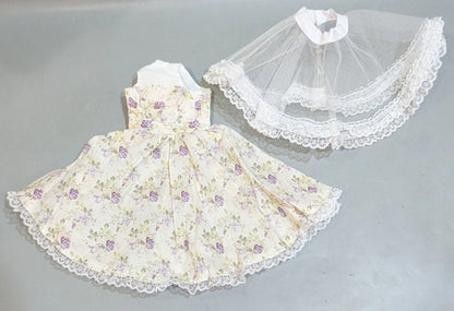 Doll outfit, SD size, halter neck dress, off-white with purple floral pattern