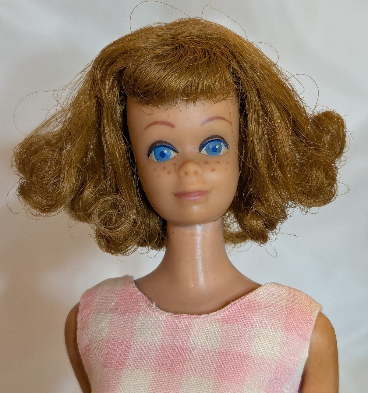 Mattel Vintage Barbie Midge, with freckles/closed mouth, red hair, pink dress.