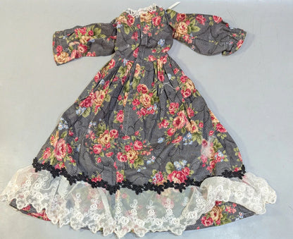 Doll outfit, MSD size, one-piece dress, dark gray, floral pattern.