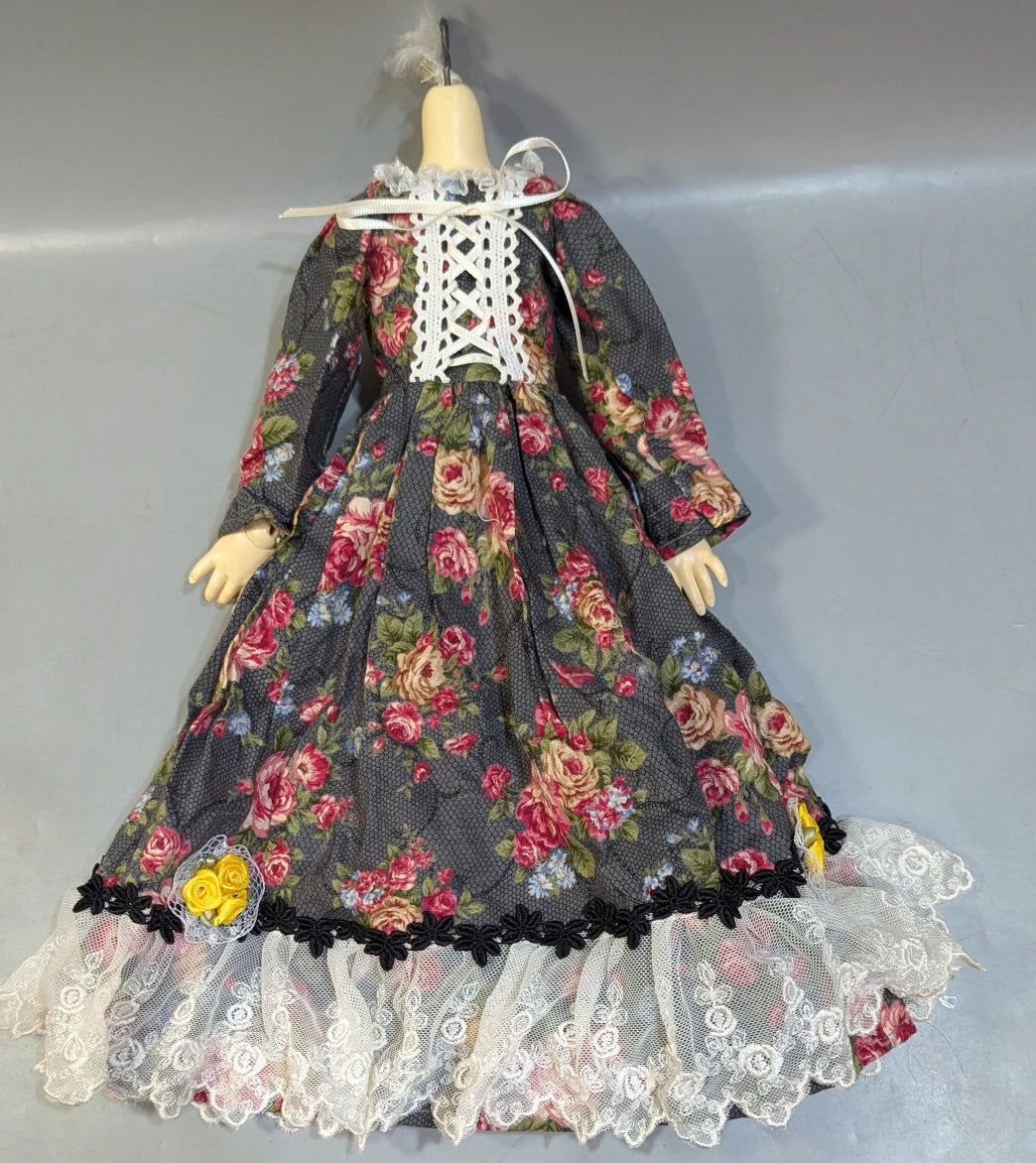 Doll outfit, MSD size, one-piece dress, dark gray, floral pattern.