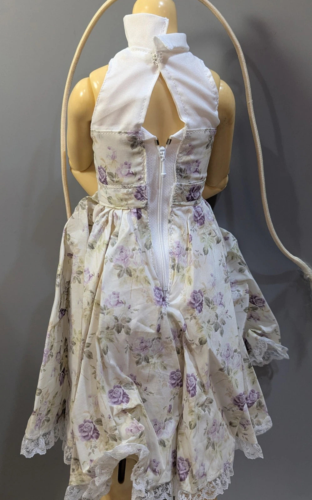 Doll outfit, SD size, halter neck dress, off-white with purple floral pattern