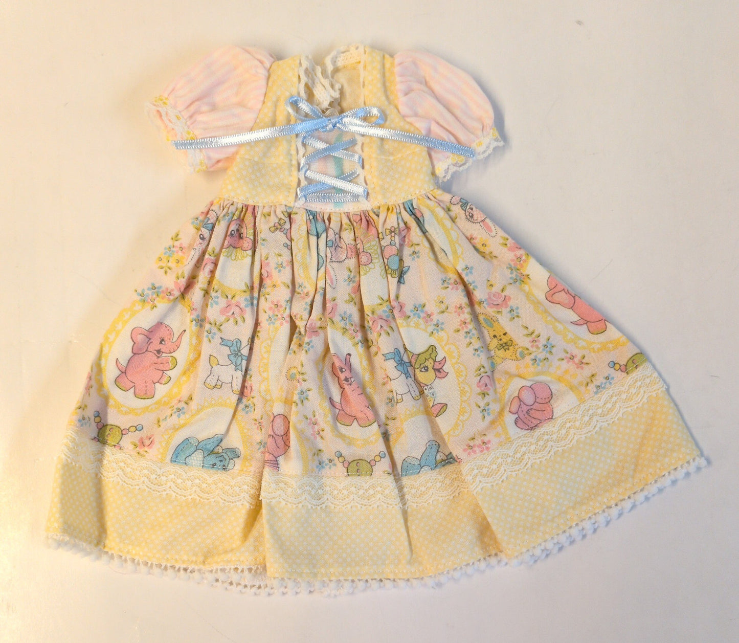 Doll outfit, 40-50cm size (MSD, Obitsu 50, etc.), animal print dress, stripe and polka dot.